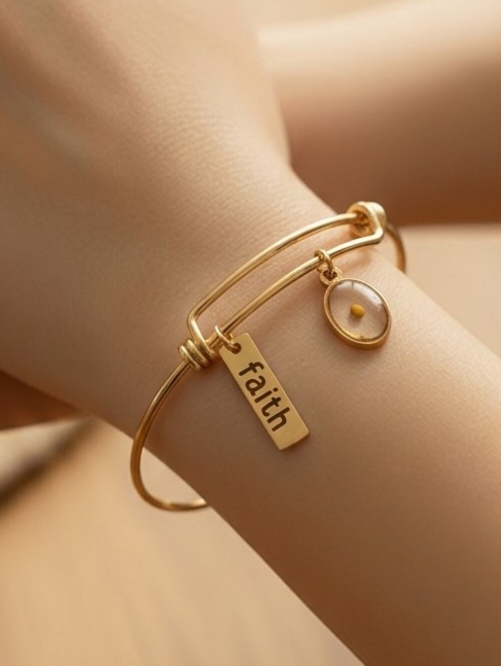 Faith Mustard Seed Gold Adjustable Bracelet Telescopic Stainless Steel Charm